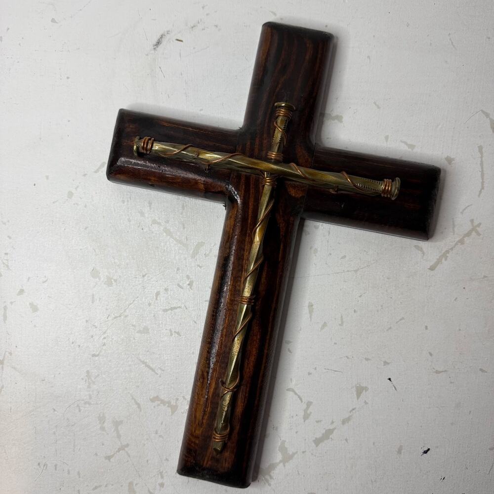 VTG Wood & Metal Brutalist Wall Cross Jesus Christian Sculpture Decor 14" Tall